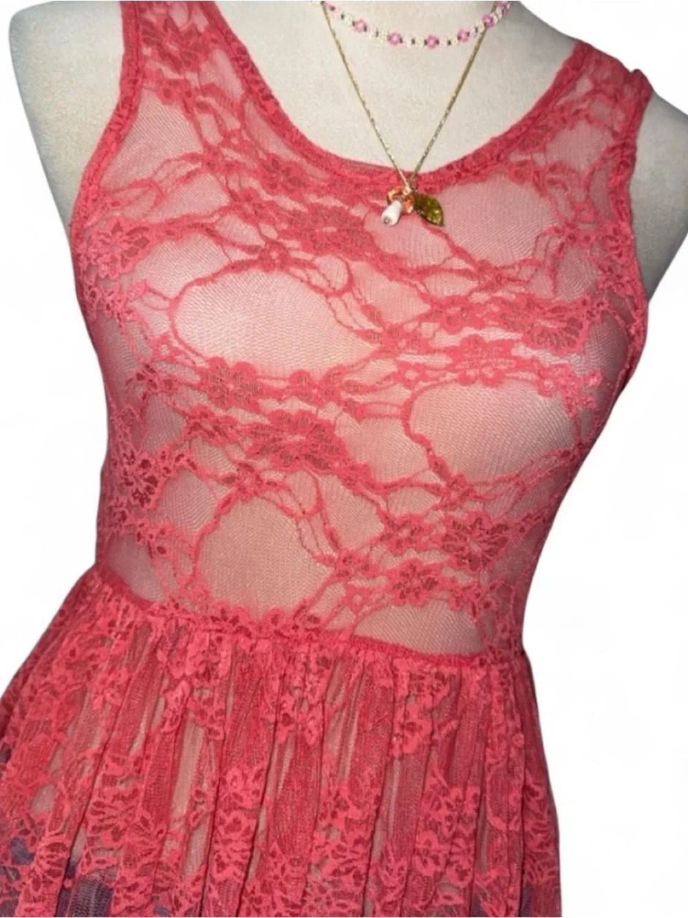 See You Monday Coral Lace Sleeveless Mini Dress